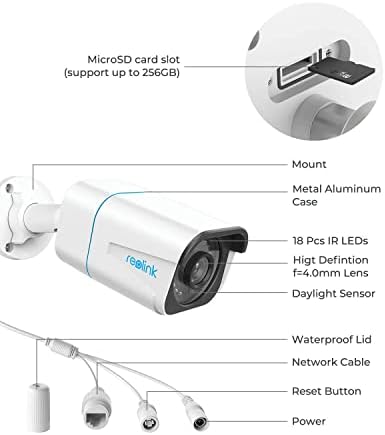 Външна система за видеонаблюдение REOLINK 4K, PoE IP камера за видеонаблюдение е с функция за откриване на човек / на превозното средство, IR за Нощно виждане 100 фута 8 Mp, 4X RLC-810A (черно), Комплект 4X RLC-810A,