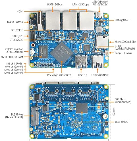 Nanopi R5S Travel Mini VPN Рутер OpenWRT Одноплатный компютър с Три порта Ethernet със скорост на трансфер на данни LPDDR4X 2 GB оперативна памет, базирани на Rockchip RK3568 Soc за ИН NAS Smart Home Gateway Поддръжка