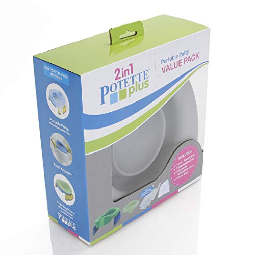 Комплект за приучения към гърне Potette Plus Value Pack: Преносим гърне Kalencom 2в1 Potette Plus и многократна употреба сгъваема подложка за домашна употреба (бял / сив)