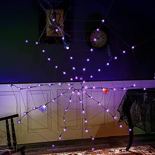 Joiedomi Хелоуин Spider Светлини Украса с Подсвеченными Паяци, захранван с батерии 70 led Осветяване на Мрежа от Паяжини с Таймер Вътрешен Външен Декор за Хелоуин за парти в двора (лилаво)
