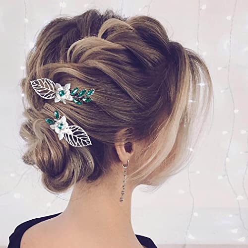 Hermoli Сватбени щипки за коса, сребърен цвете, перука за булката, зелени кристални листа, аксесоари за коса, за жени или момичета (опаковка от 2)
