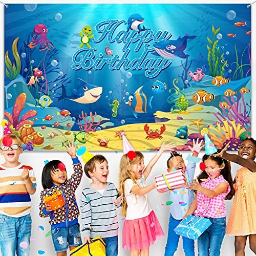 Под морското Фона на Океанските Животни честит Рожден Ден Украса Океанская Тема Фон за Снимки на Рожден Ден на Банер за деца Делфин, Акула Подводни Сини Вечерни Украса, 72,8x43,3 инча