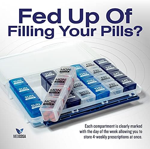 Кутия за хапчета Medcosa на 28 дни | Омръзна да изпълни своите хапчета? | Органайзер за ежедневно лекарства | Кутия за добавки с 28 офиса