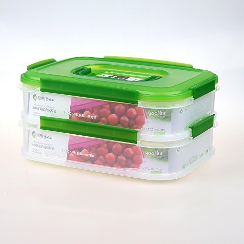 UZO1 Контейнер за хранителни продукти с 2-уровневыми запирающимися отделения с капак и дръжка за носене (Голям) (Зелена капачка)
