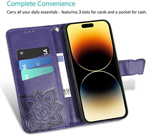 Чанта-портфейл DiGPlus за iPhone 14 Pro, Кожен калъф-портфейл с отпечатан във формата на пеперуда и цвете, флип-надолу Защитно покритие за мобилен телефон с отделения за карти и стойка за iPhone 14 Pro 6,1 (лилаво)
