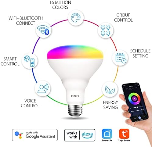 Интелигентни електрически крушки LVWIT Алекса, еквивалент на BR30 100 W, E26 Smart LED, Работят с Google Assistant, приложение Smart Life, приложение на Hristo, лампа с регулируема яркост 1300 Лумена, като цвят RGB