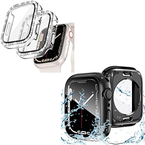 Водоустойчив калъф Goton 2 в 1 и 2 опаковки блестящи кристали, предназначени за Apple Watch Series 8 и 7-45 мм и защитно фолио на 360 градуса с твърд калъф, аксесоари (само за 45 мм)