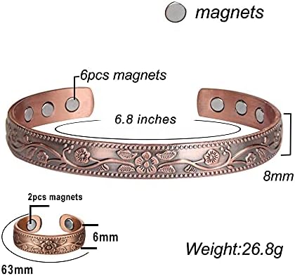 MagEnergy Магнитен Медни Гривни за Жени, Висококачествена Масивна Мед с Магнити, Антиалергични Реколта Магнитни Гривни с Цветя