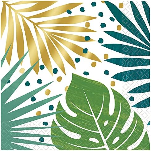 Празнични аксесоари от тропически палмови листа на 16 души | В комплектът включва Хартиени чинии и Салфетки | Дизайн от листата на полинезийски палми зелен цвят със ?