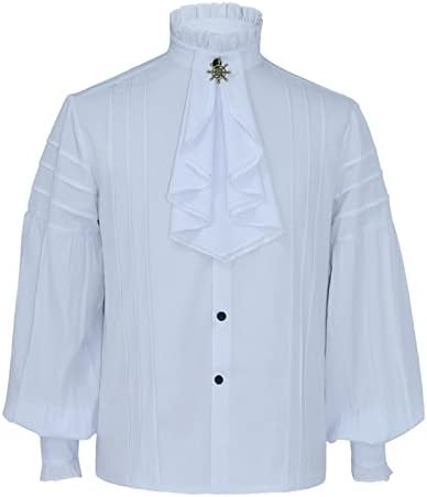 Бяла Pirate Блуза за Мъже Готическата Реколта Придворная Риза С Висока яка и Подолом С Дълъг Ръкав, Риза с Пищни ръкави, Блуза в Бял Цвят