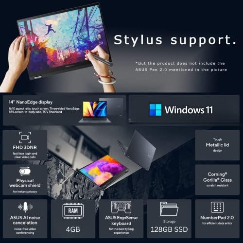 Най-новият тънък и лек ASUS VivoBook 2023, лаптоп 2 в 1 със сензорен екран 14 HD, 4 GB ram, 128 GB SSD-памет, процесор Intel Celeron, дигитален панел, Type-C, HDMI, Microsoft 365 Personal продължение на 1 година пълна,