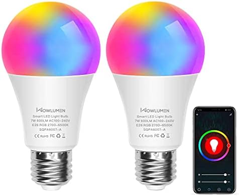 Интелигентни електрически Крушки WOWLUMEN, Крушка с регулируема яркост, Като цвят RGBCW, Led лампа A19 с мощност 7 W, Еквивалент на 60 W, Интелигентни електрически крушки, работещи с Алекса Google Home Hub не се изисква