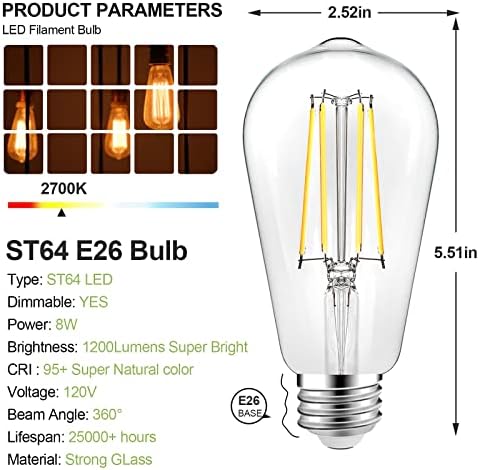 Реколта led крушка на Едисон с регулируема яркост, 8 W, еквивалент на 100 W, Антикварни led лампи с нажежаема жичка ST64, led лампи с 95 + CRI, Топъл бял 2700 До 1200 лумена, средна база E26, Прозрачно стъкло, опаковки