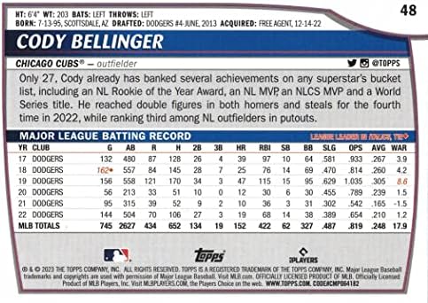 2023 Topps Висша лига #48 Бейзболна картичка Коуди Беллинджера Къбс