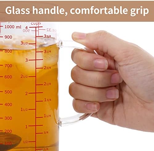 Стъклена Мерителна чаша Newness с дръжка, 1000 ML (1 литър, 4 чаши), Двустранен Мерителна чаша с три скали (унция, чаша, мл/cc) и V-образен улей, Мерителна чаша за кухня или ресторант