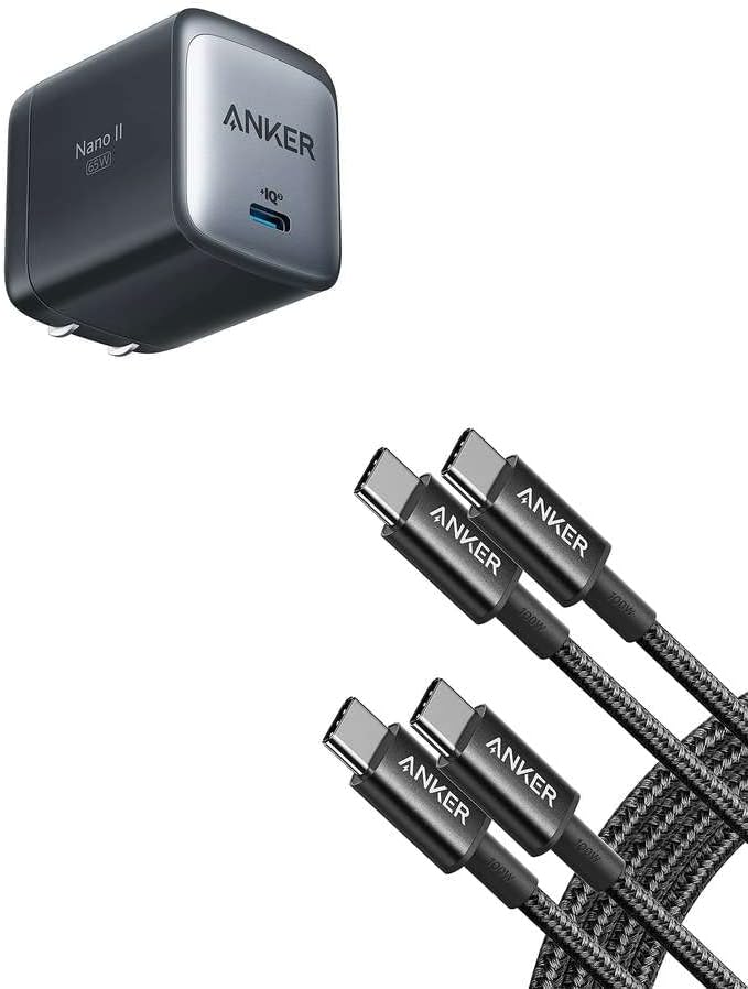 Кабел Anker 333 USB C-C USB (6 фута 100 W, 2 комплекта), Кабел за бързо зареждане USB 2.0 Type C, Зарядно устройство, USB C, Зарядно устройство 715 (Nano II 65 W), бързо компактно складное зарядно устройство GaN II