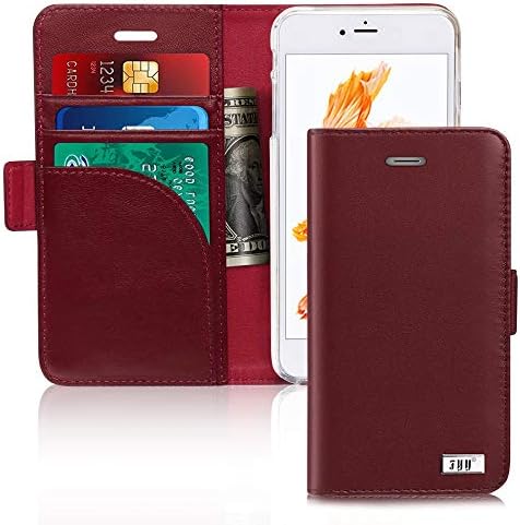 Fyi, калъф от естествена кожа за iPhone SE Case 2022 (3-то поколение)/ iPhone SE Case 2020 г. (2-ро поколение)/ iPhone Case 7/ iPhone 8 4,7 [RFID заключване] [Стойка] Флип калъф-портфейл с отделения за карти Вино-червено
