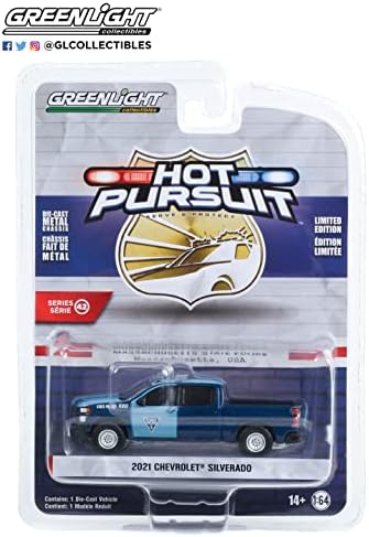 Greenlight 43000-E Hot Pursuit Series 42-2021 Chevy Silverado - Полицията на щата Масачузетс, Монолитен под налягане в мащаб 1:64