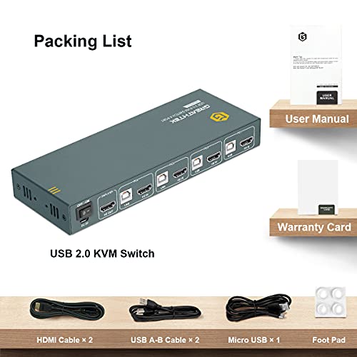 KVM switch с 4 порта HDMI, резолюция 4K UHD при 60 Hz, съвместим с YUV4: 4: 4 низходящо, 4 USB2.0, поддържа принтери и други USB-устройство, един ключ за превключване, с всички необходими ка