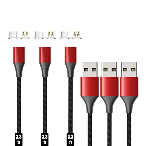 Магнитен кабел за зареждане NetDot, 2-в-1, магнитно зарядно устройство за телефона в найлонов оплетке Gen10, съвместим със спецификацията USB-C и Micro USB (3,3 фута / 3 опаковка червен цвят)