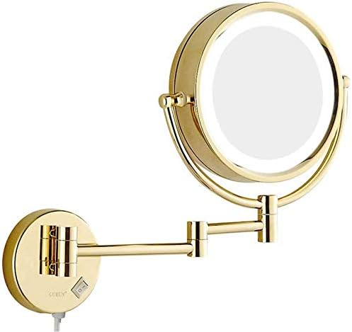 Златното Стенно Огледало За грим, 8-инчов Увеличително Двустранно Огледало С led Осветление, Выдвижное Въртящо се на 360 ° Козметично Огледало за Бръснене с ключ, 5x