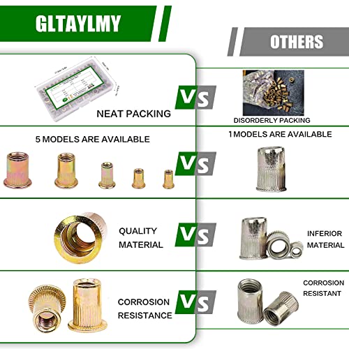 GLTAYLMY 150 бр. #8-32#10-24 1/4-20 5/16-18 3/8-16 Комплект гайки-нитове, в продуктова гама, жълто поцинковани покритие от въглеродна стомана, на гайка с плоска глава в продуктовата гам?