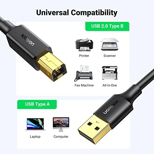 Кабел за принтер UGREEN USB - кабел USB A-B, кабел USB 2.0 B Високоскоростен кабел за принтер, който е съвместим с Hp, Canon, Brother, Samsung, Dell, Epson, Lexmark, Xerox, Пиано, Кпр и други устройства с дължина 5