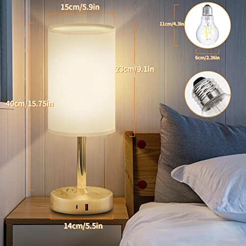 Нощна лампа ALACOO с пристанище 2USB и розетка 2AC-Настолна лампа за спални, лампа със сензорен контрол и 3-лентова регулируема яркост, Нощна лампа с кръгла абажуром от ленена тъкан (жълто-бяла)