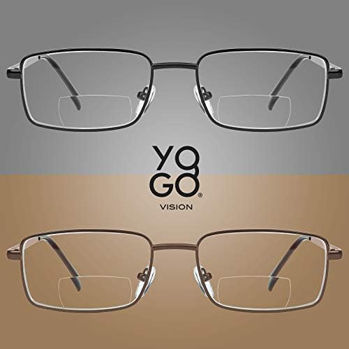 Yogo Vision Бифокални Очила За Четене, 2 Опаковки, Метални Очила за Четене с Пълна Рамки, Правоъгълни Очила за Четене за Мъже и Жени + 2,5