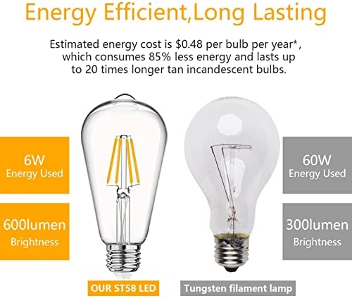 Лампи VOOSEI Топло бял цвят 2700K LED E26 60 W, 6 W се Равнява на 60 W Edison High Brightness ST58 Старинни лампи с нажежаема жичка без регулиране на яркостта от Прозрачно Стъкло в опаковка от 6