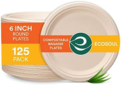 ECO SOUL [6 инча, 125 опаковки | Кръгла Чиния от торта за компостиране | за Еднократна употреба Екологични Биоразградими Кът чинии | Чинии за партита, Сватби, Събития