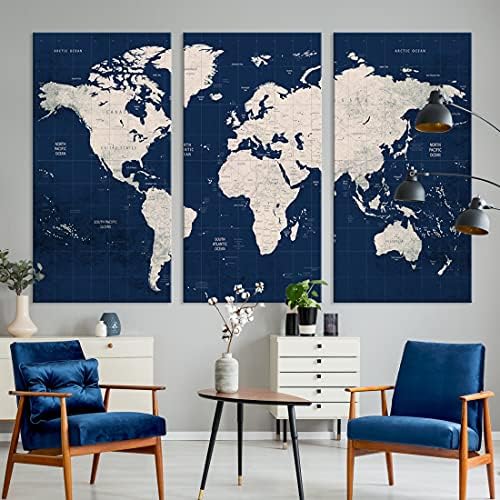 Тъмно Синя Карта на света, на Стенно Изкуство, Многопанельная печат върху Платно X-Large за Домашен интериор, Хол, Трапезария, Офис, Кухня, Стенен монтаж Арт Декор | В ра?