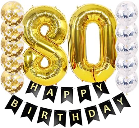 Украса на 80-ия Рожден Ден честит Рожден Ден, Черен Банер, Балон, 80-Летни Вечерни Аксесоари, Гелиевые 40 Златни балони + Цветна топка от Сребърно-златен латекс, Декорация за събития в чест на 80-годишнината и Сладка