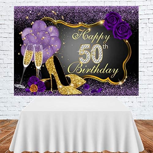 Честит Фонове с 50-годишнината, Блестящо Пурпурни точки и Златна рамка, Фон за Снимки, Украса за парти, балони с цветя, Токчета, на Чаша за Шампанско, Банер за парти, Подпори за фото студио, 7x5 фута