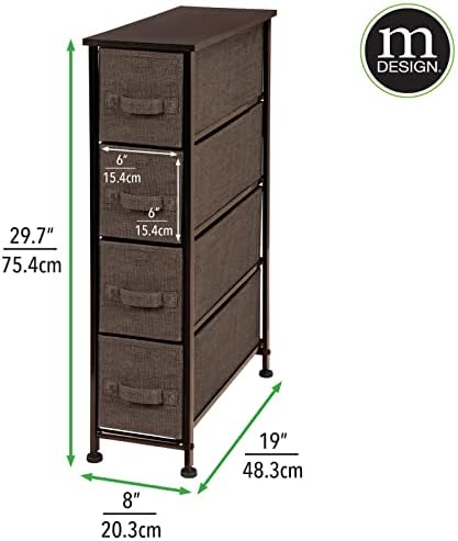 mDesign Тесен Скрин-кулата за съхранение на неща с 4 Подвижни Плат чекмеджета - Организатор на стоманена рамка с дървени плотове за Спални, коридор, кабинет - Колекция Lido - Еспресо Кафяво