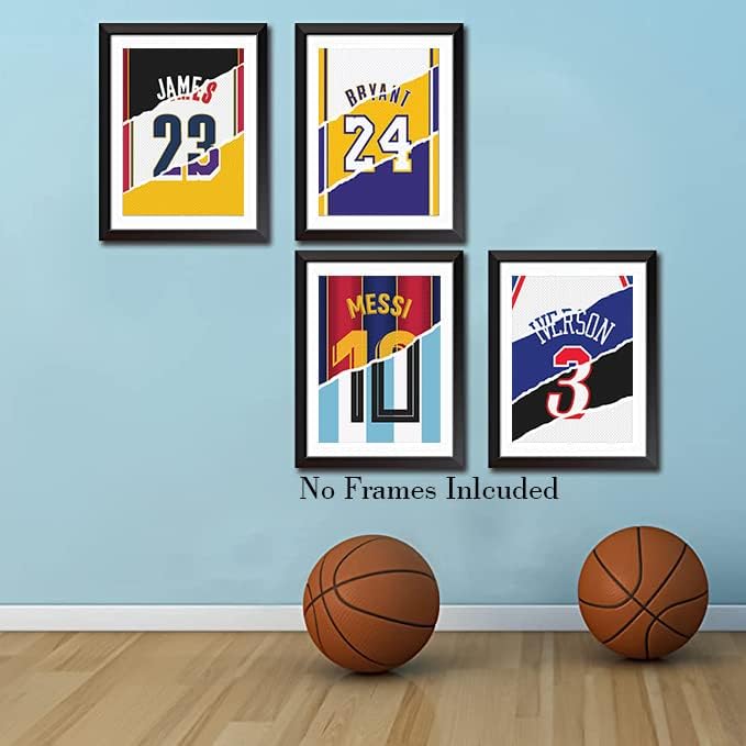 Спортен Вдъхновяващи Плакат със Звездите баскетбол, Джърси Баскетболист Джордан Кобе, Вдъхновяваща Арт Декор за Спалня момчета, Подарък за фен на баскетбола и футбола, Комплект от 6 - (8 x 10 инча, без рамка)