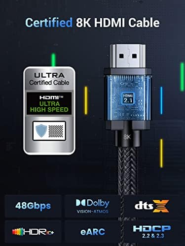 UGREEN 8K HDMI 2.1 Certified Кабел 6.6 Фута на Ултра-висока Скорост на HDMI Кабел 4K 120Hz 48Gbps HDCP 2.2 & 2.3 eARC HDR Dolby Съвместим за PS5 Xbox Series X Nintendo Switch Roku TV Монитор на лаптоп