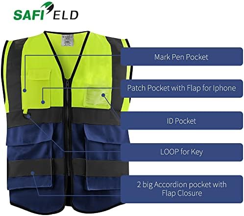 Отразяваща работен жилетка SAFIELD SAFETY 6 Бр. за мъже и Жени с 8 джобове и цип, на Горно облекло с висока видимост