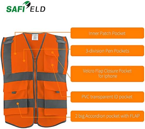 Отразяваща работен жилетка SAFIELD SAFETY 6 Бр. за мъже и Жени с 8 джобове и цип, на Горно облекло с висока видимост