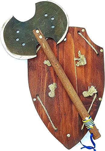 LOVARE Home Decor Дървен щит - Щит на викингите от дърво с Дървени щитове и Брадва Wooden - Дървен меч и щит от дърво на викингите - Дървени щитове за момчета, Определени от дърво
