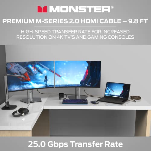Сертифициран HDMI кабел премиум-клас Monster серия M 2.0 с резолюция от 4K Ultra HD и честота на обновяване от 60 Hz, обвивка Duraflex и трехслойным екраниран, скорост 25 gbps - 9,8 фута