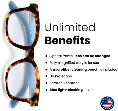 Скай-Сините очила в черепаховом черупки, Сини леки очила за жени, за да изглеждат модерно - Високо зрение - Рамки за очила за четене голям размер за жени - Увеличително стъкло за четене - Очила за четене 1,75 за жени,