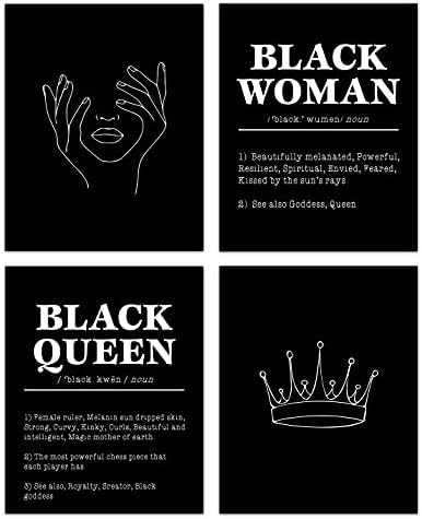 HUYAW Модерна Минималистичная Линия, Черна Кралица, Жена, Афроамериканская Короната, Щампи върху стената, Комплект от 4 Вдъхновяващи Плакати, Подаръци за черни жени, декорация на стените в една стая за момичета (8 x