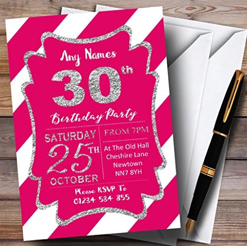 Розово-Бели Диагонални Ивици, Сребърни Персонални Покани на парти в чест на 30-годишнината