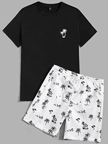 FIOXA /Мъжки облекла от две части, Риза с тропически принтом и къси панталони с завязками на талията (Цвят: черен/бял, Размер: Средно)