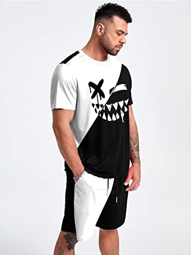 FIOXA / Мъжки облекла от две части, мъжка тениска в два цвята, с изразителен принтом и къси панталони с завязками на талията (Цвят: черен/бял, Размер: 6X-Large)