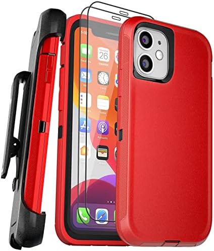 Калъф BypaBox за iPhone 11 с 2 защитни екрани и стойка за кобур с клип за колан, Сверхпрочный калъф за телефон от военен клас, който предпазва от падане на Цялото тяло, 6,1 (колан, червен + черен)