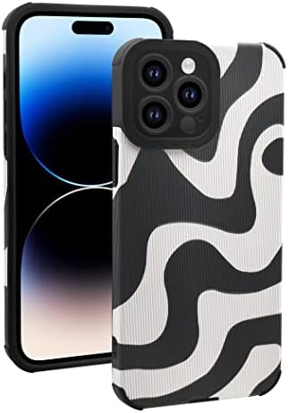 INJPCUCA е Съвместим с калъф iPhone 14 Pro Max, сладък дизайн с една вълнообразна Модел, Черен Защитен калъф за жени и Момичета, Изкуствена Кожа, Силикон Тънък устойчив на удари калъф за iPhone 14 Pro Max 6,7 , бежово-бяла