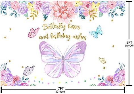 MEHOFOND Фон за Рожден Ден с пеперуди за Момичета, Украса за парти с Пеперуди, Лилаво-Розови Цветя на Пеперуда Целувки и Пожелания за Рожден Ден, Фон За Снимки, Банери, Маса за Торта, Студиен Реквизит за Снимки 7x5ft