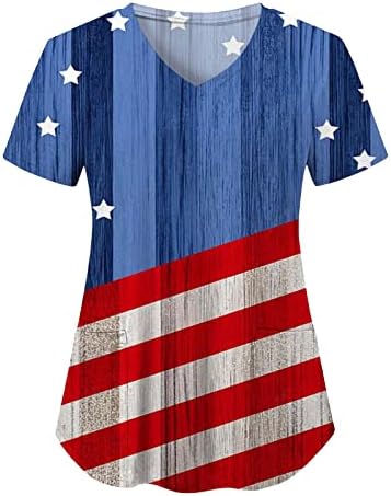 Женска тениска с 4-ти юли, Флаг на САЩ, Летни Тениски с Къс ръкав и V-Образно деколте, 2 Джоба, Блузи, Празнична Ежедневни работни Дрехи